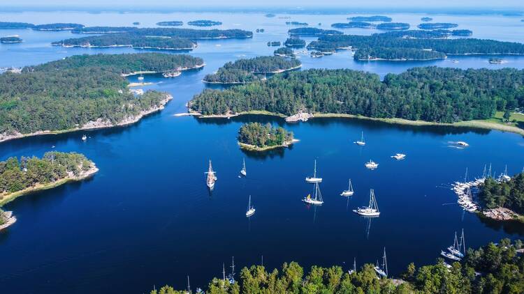 Spectacular drone view of the Swedish archipelago landscape, yachts and islands, Stockholm, Sweden