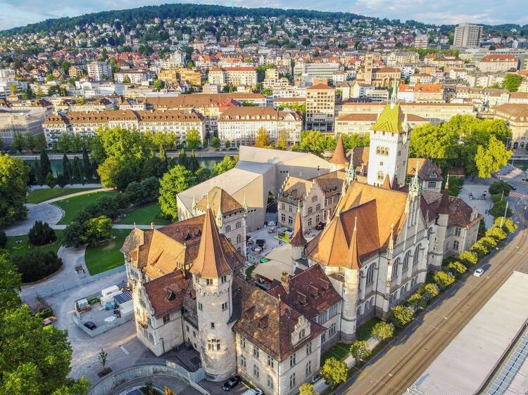 Aerophotography. View from a flying drone. Panoramic cityscape of the Old Town of Zurich. Swiss National Museum, top view.