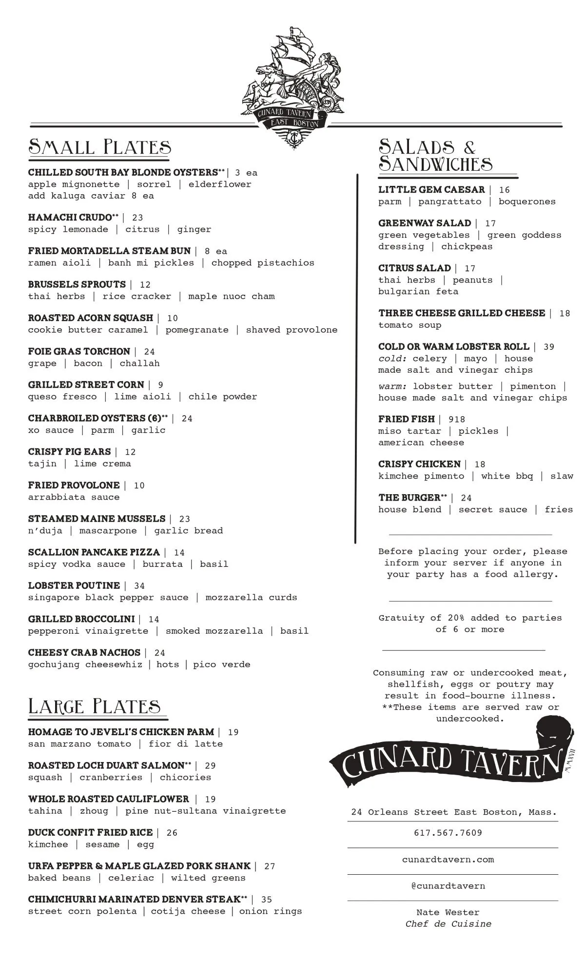 Cunard Tavern menu by chef Tony Messina