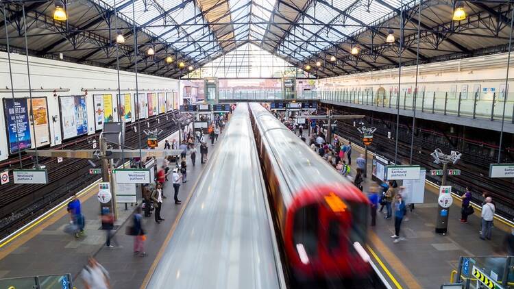 Tube platforms and trains at Earl’s Court in London