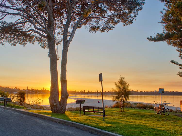 The sun setting over water and trees