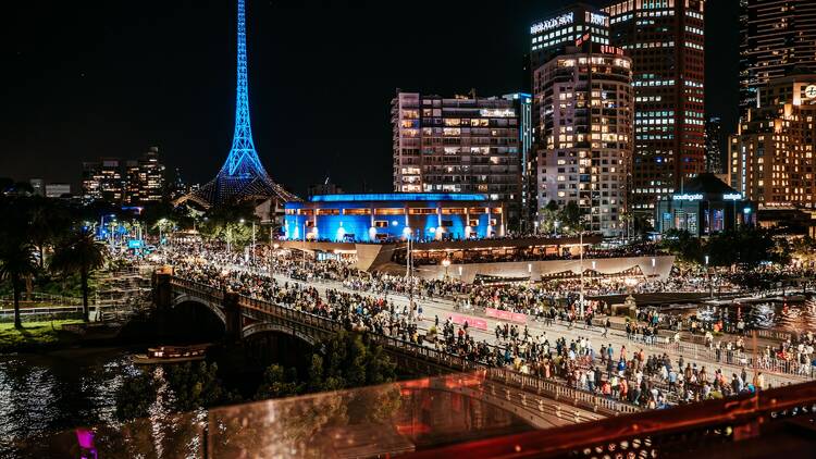 Melbourne's Princes Bridge at night.