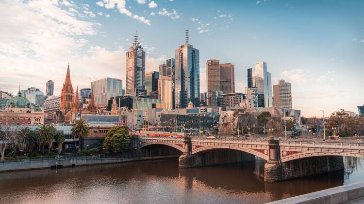 Melbourne's skyline on a blue-skye day.