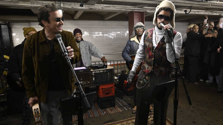 Jimmy Fallon and Bad Bunny busking on the NYC subway