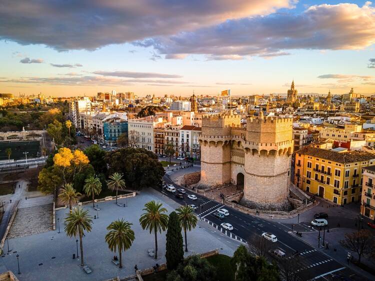 The aerial view of the old center of Valencia, a port city on Spain’s southeastern coast