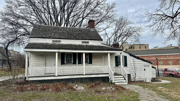 An exterior view of Edgar Allan Poe's cottage.