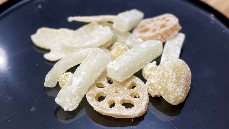 Candied winter melon, lotus root, and lotus seeds