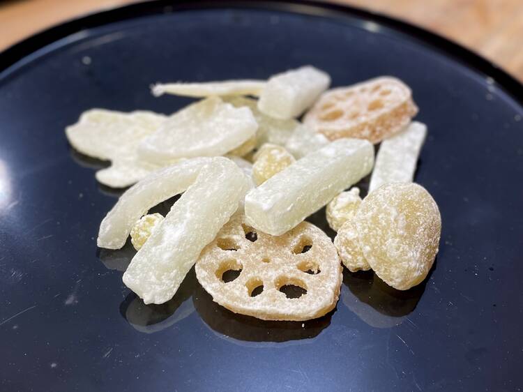 Candied winter melon, lotus root, and lotus seeds