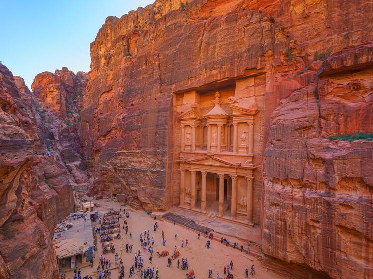 Aerial view of Al-Khazneh tomb, symbol of the city of Petra, Wadi Musa, Jordan