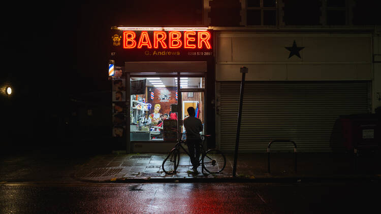 Outside a barbershop