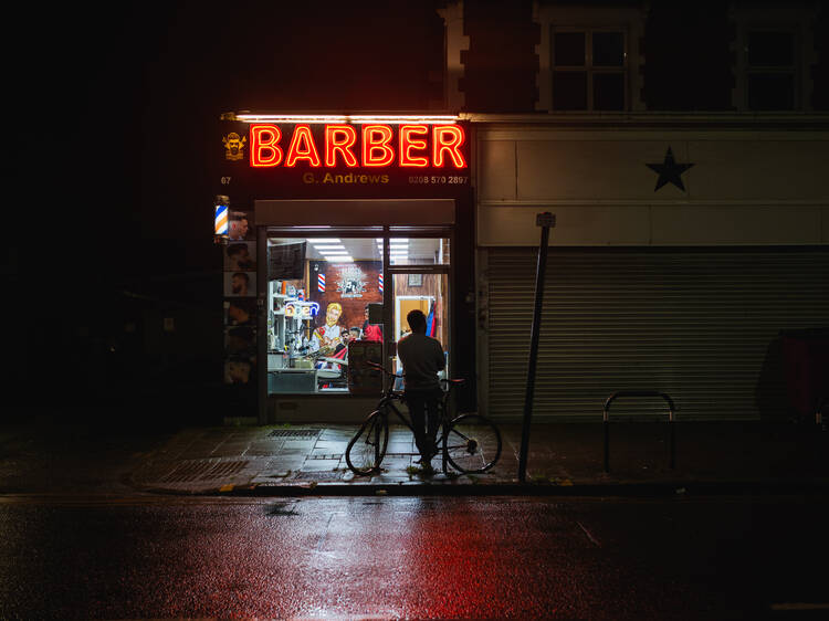 Outside a barbershop