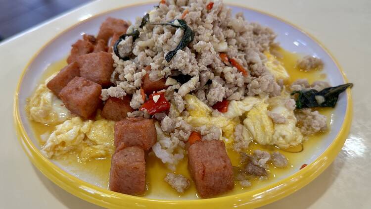 Running Egg Singapore Chicken Basil Rice With Luncheon Meat