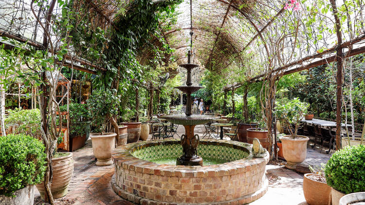 Beautiful fountain surrounded by greenery