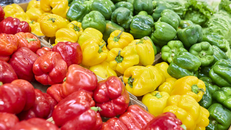A row of capsicum at a food market