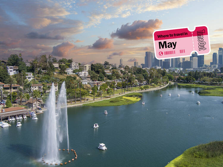 Header asset image showing Los Angeles with a 'where to travel in May' sticker