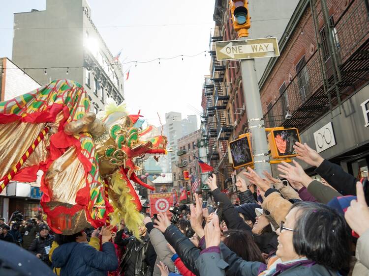 Manhattan, New York, January 28, 2023: Chinese New Year in NYC is a lively celebration featuring dragon dances, fireworks, and festive decorations. Held in Chinatown.