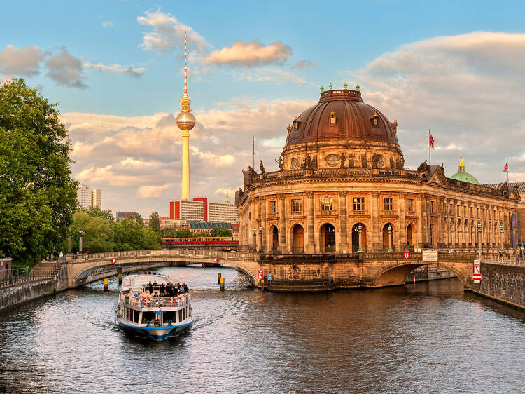 Museum island on Spree river and Alexanderplatz TV tower in center of Berlin, Germany