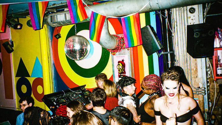 Aerial view of crowd around the DJ booth in Dalston Superstore's main room