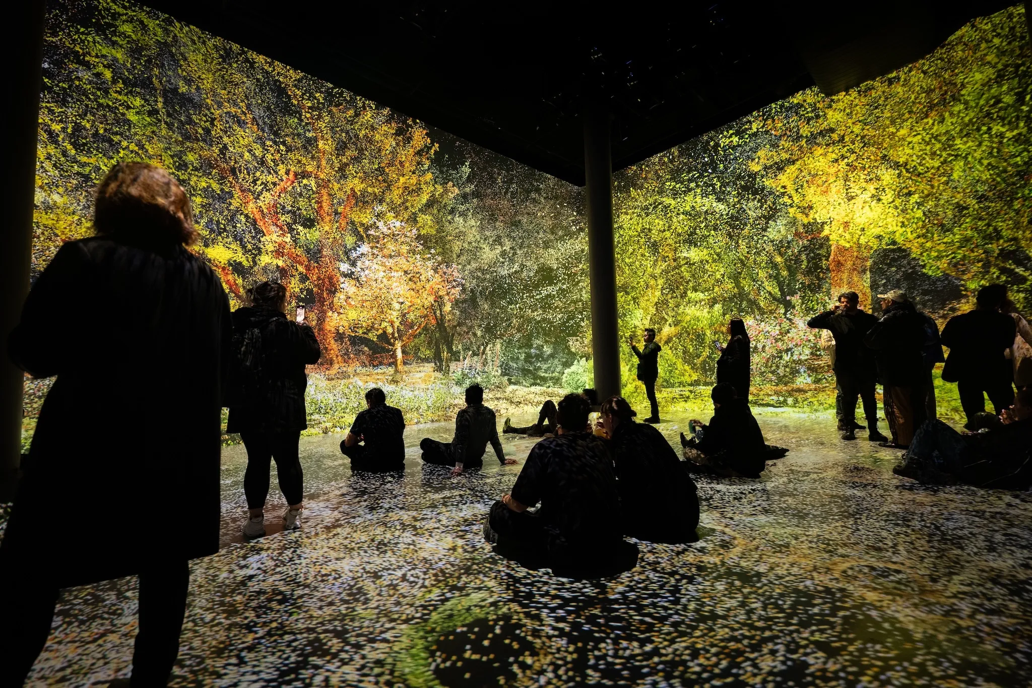 People look at digital art installations of trees.
