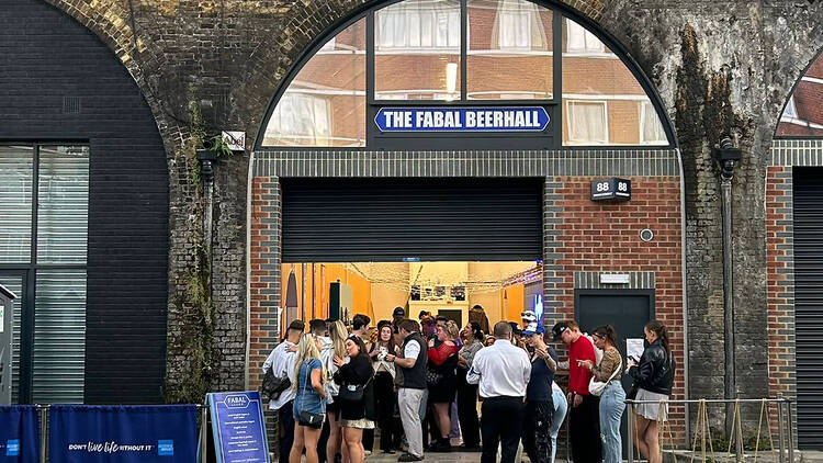 The entrance to Fabal Beerhall with a crowd of visitors stood outside