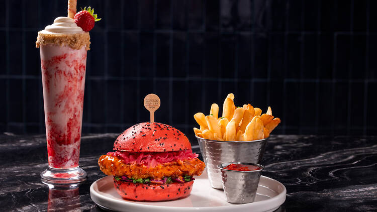 Cluck Yeah G.F.C.Sandwich and Strawberry Cheesecake Shake at Gordon Ramsay Burger at Flamingo Las Vegas