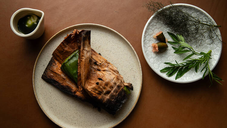 Leeks cooked in paperbark