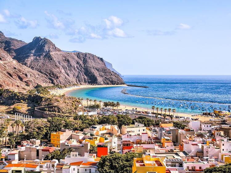 Aerial views of the town of San Andres and the beaches of Playa de las Teresitas on the island of Tenerife in Spain's Canary Islands