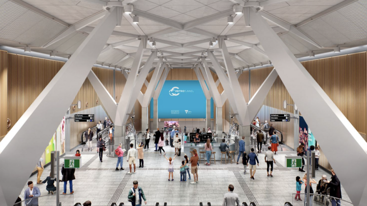 An artist rendering of an underground train station, with large white beams