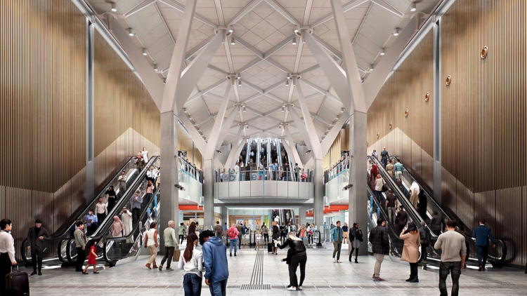 An artist rendering of the interior of a train station, with a high cathedral-like ceiling.