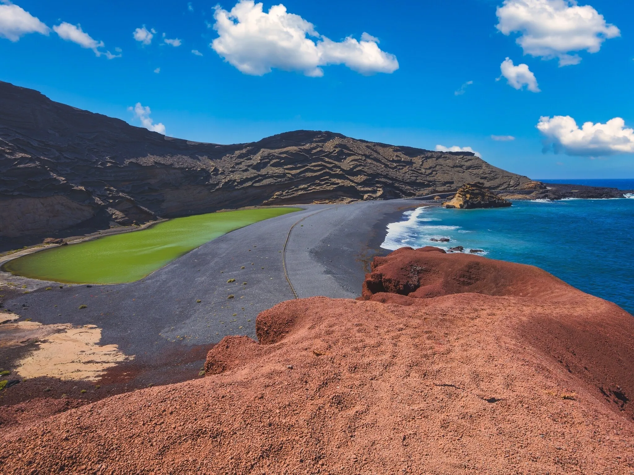 Panoramic view of Charco de Los Clicos o Charco Verde green lake, El Golfo, Lanzarote, Spain