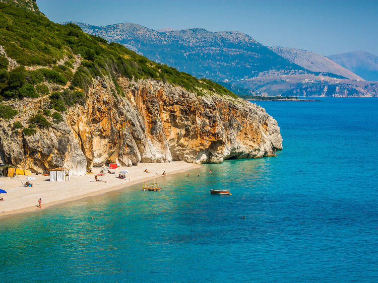 Dhermi, Albania - August 03, 2014. Hidden Gjipe Beach with turquoise clear water