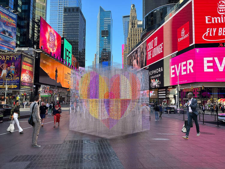 A colossal new heart sculpture made with oyster cages is debuting smack-dab in the middle of Times Square