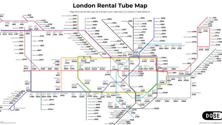 London tube map of average rental prices 