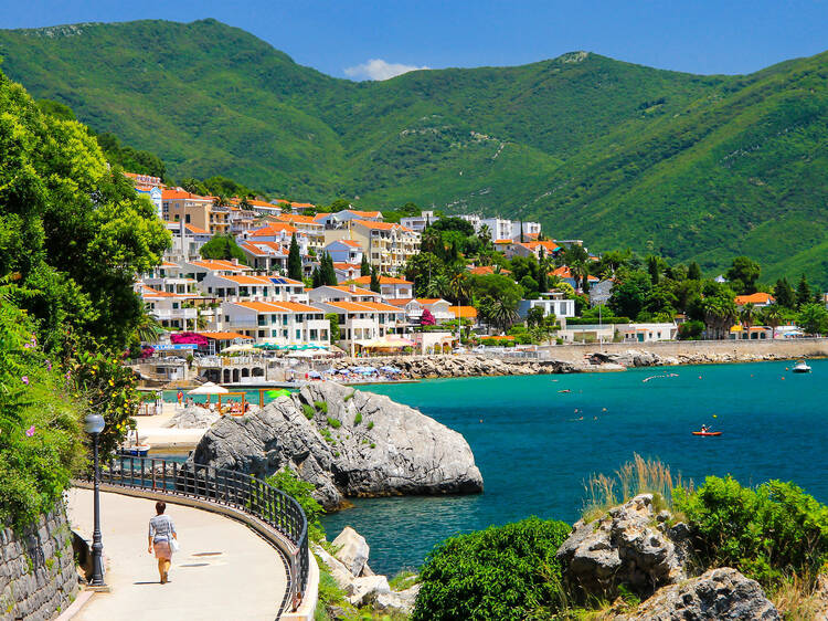 The picturesque city Herceg Novi, Montenegro, in the mountains, shore of Kotor. Scenic summer resort landscape in Herceg Novi. Spring, summer rest, vacation