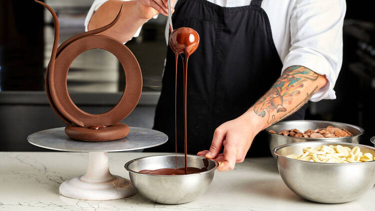 Chocolatier Francois Behuet makes a chocolate showpiece.