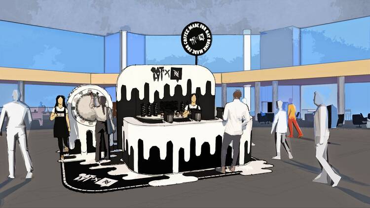 Render of the Oatly X Nespresso coffee bar pop-up featuring a black bar decorated with white milk-looking drips, barista making coffees and commuters walking around 