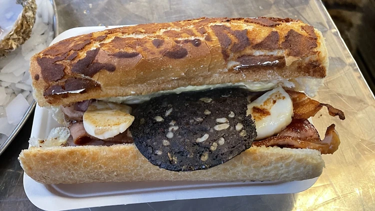 Bacon, scallop and black pudding roll at Epping Forest Oyster Shack Bacon, scallop and black pudding roll at Epping Forest Oyster Shack