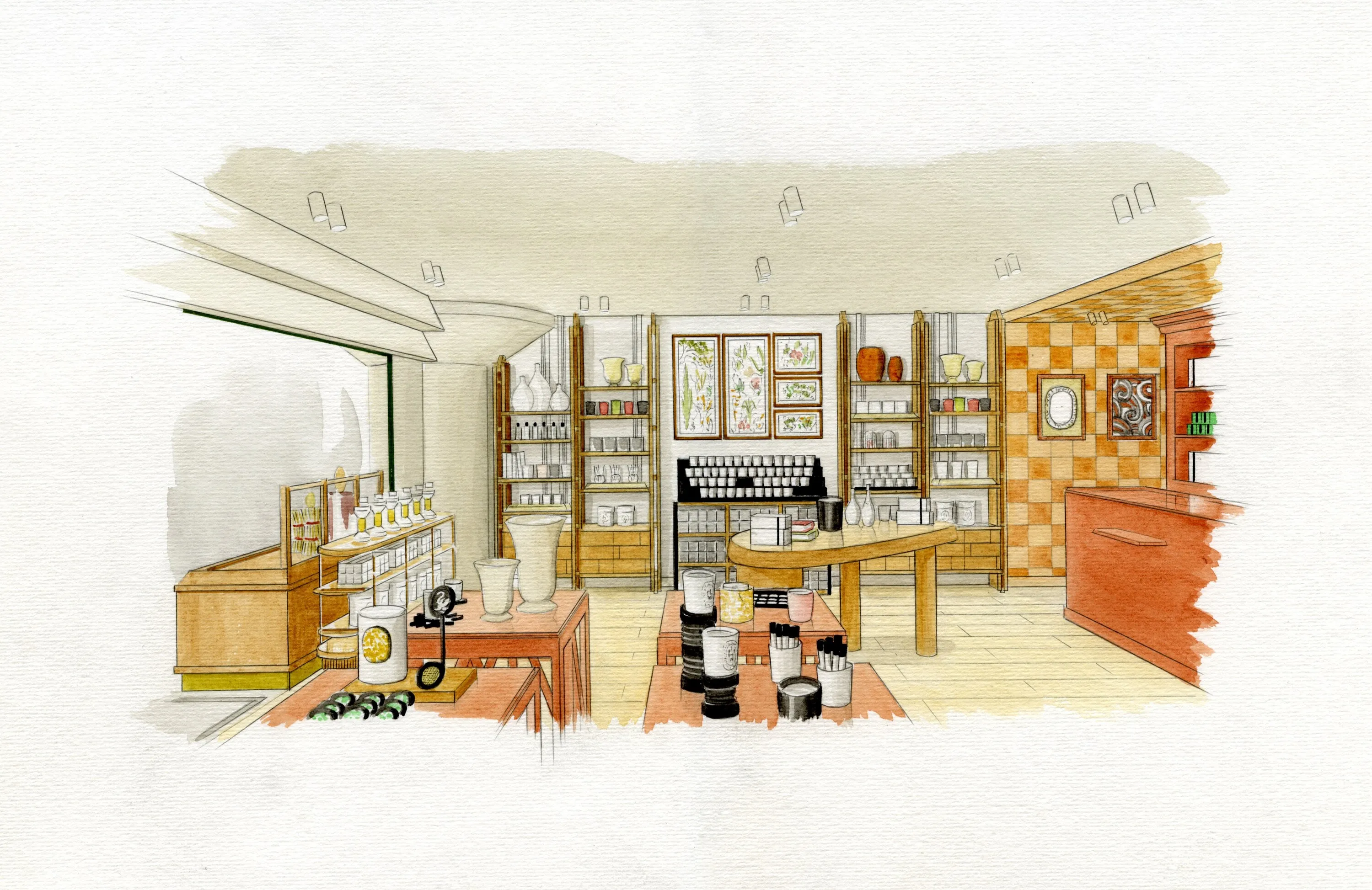 Rendition of Diptyque's boutique in Canary Wharf