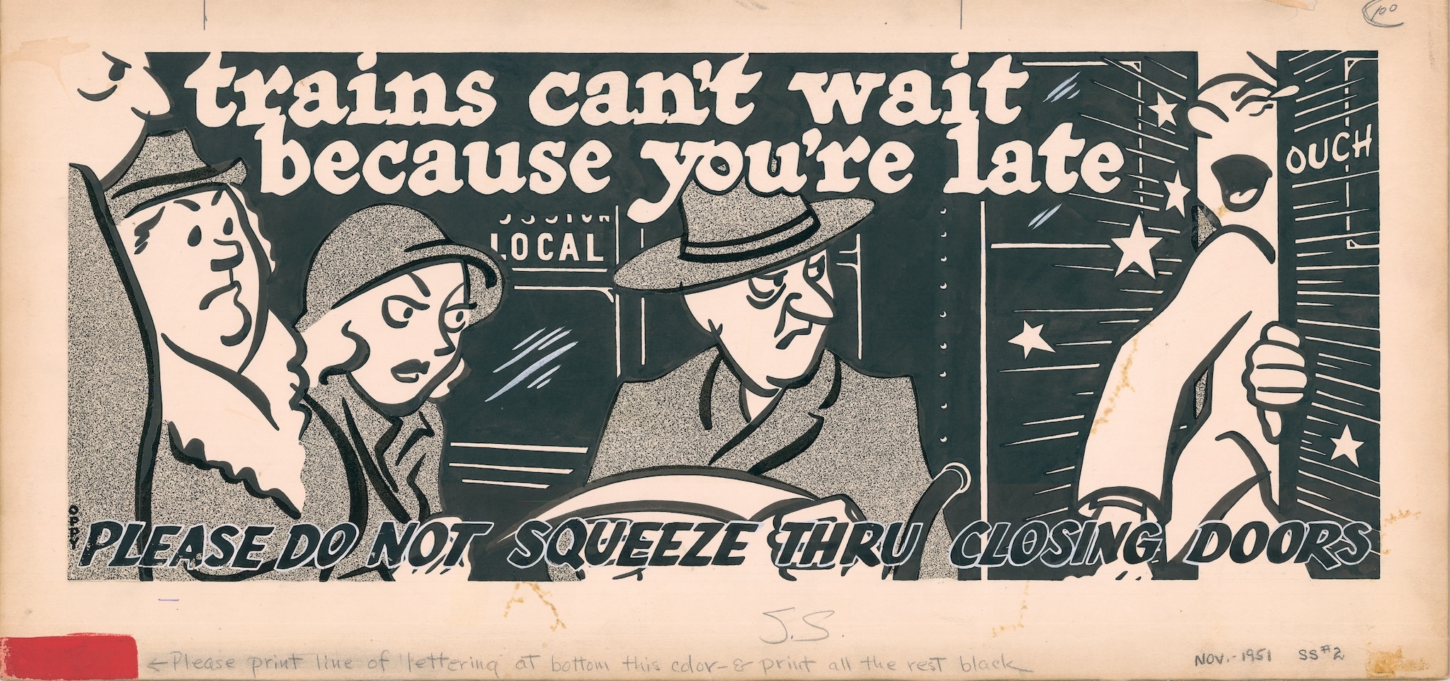 An ad about people squeezing through train doors.