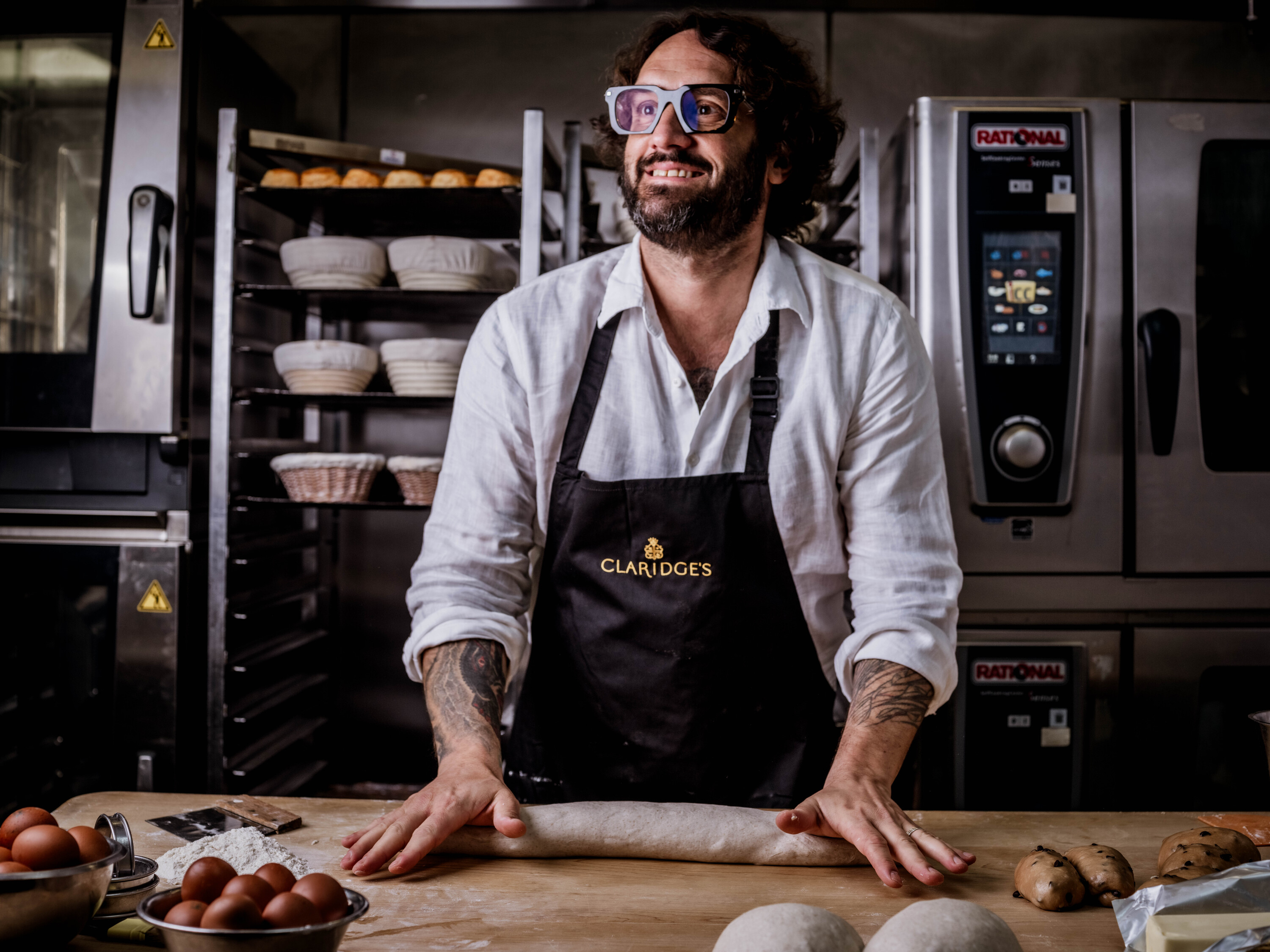 Richard Hart rolling dough in the Claridge's kitchen 