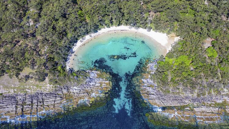 Aerial overlooking Honeymoon Bay, Jervis Bay