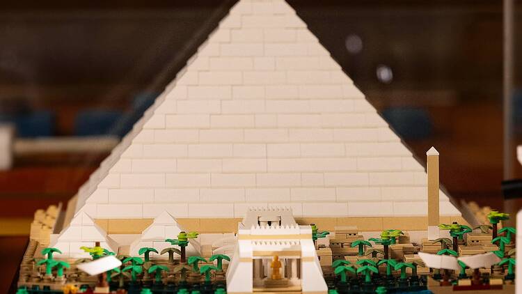 A close up shot of a Lego sculpture of the Great Pyramid of Giza