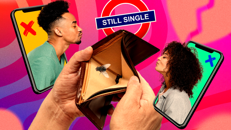 An empty wallet with a fly coming out, a sign that says 'still single' and a failed dating app match 