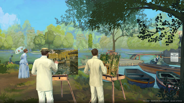 A virtual rendering of artists in the 1800s. 