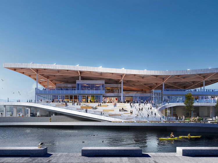 The spectacular 200-metre floating roof canopy of the new Sydney Fish Market is now complete