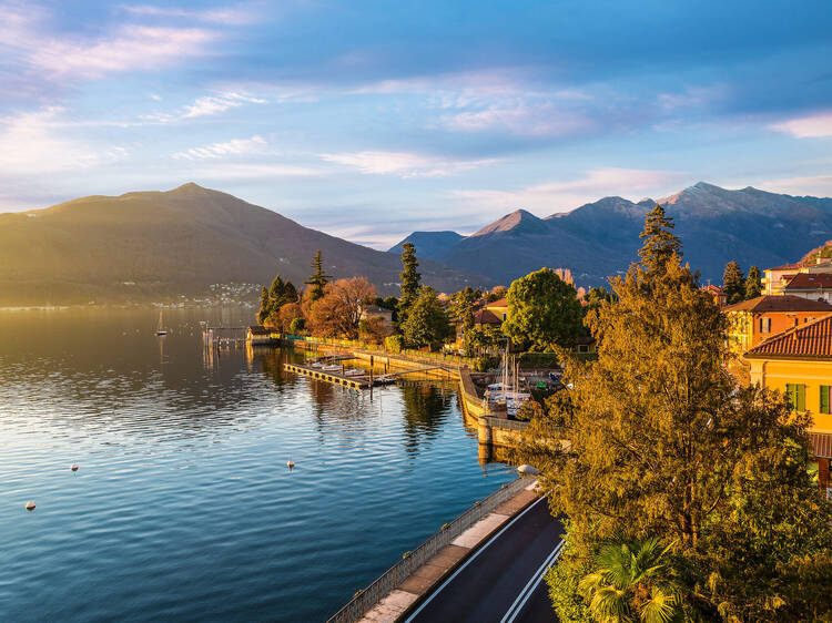 Maccagno on lake Maggiore (Verbano) with the old small harbor and with the lake promenade, province of varese, Italy