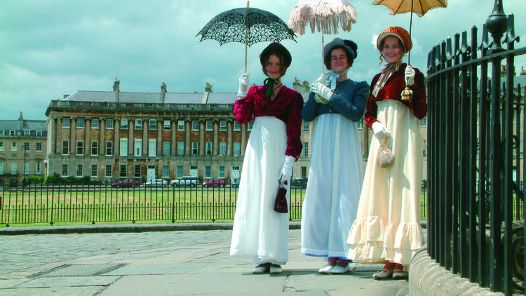 Women dressed in Jane Austen costumes in Bath 