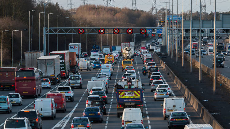 Queue on M25 motorway near Watford, England