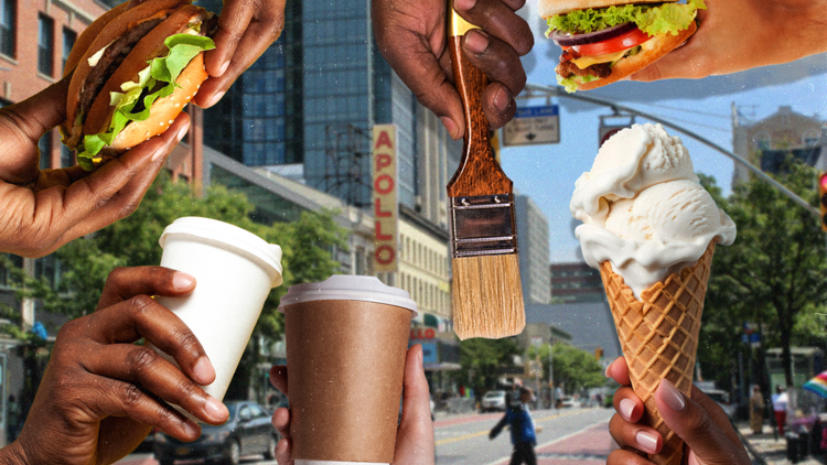 The Apollo theatre in the background with people's hands holding burgers, ice cream and coffee