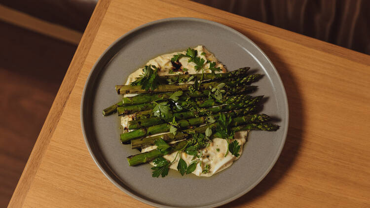 Asparagus on plate with white sauce